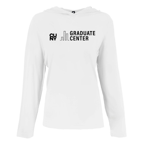 Womens White Long Sleeve Hooded Tee-Graduate Center Wordmark