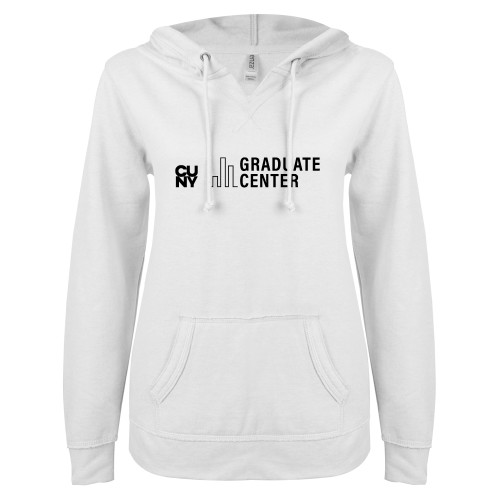 ENZA Womens White V Notch Raw Edge Fleece Hoodie-Graduate Center Wordmark