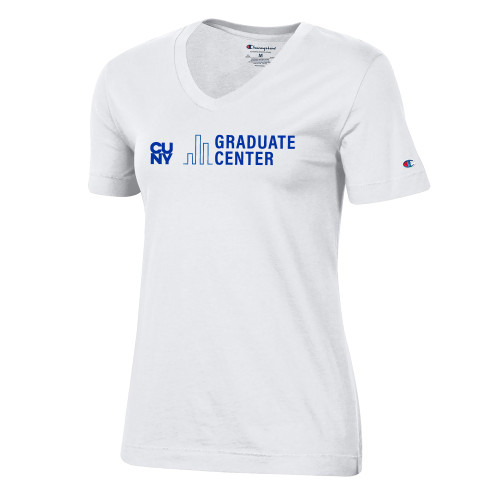Champion Womens White VNeck Tee-Graduate Center Wordmark