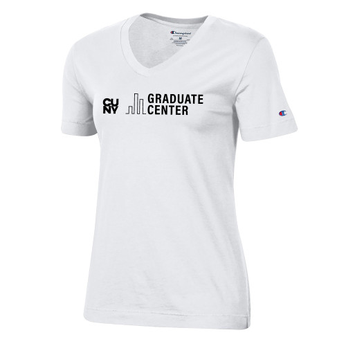 Champion Womens White VNeck Tee-Graduate Center Wordmark