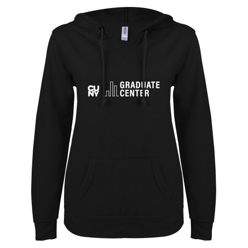 ENZA Womens Black V Notch Raw Edge Fleece Hoodie-Graduate Center Wordmark