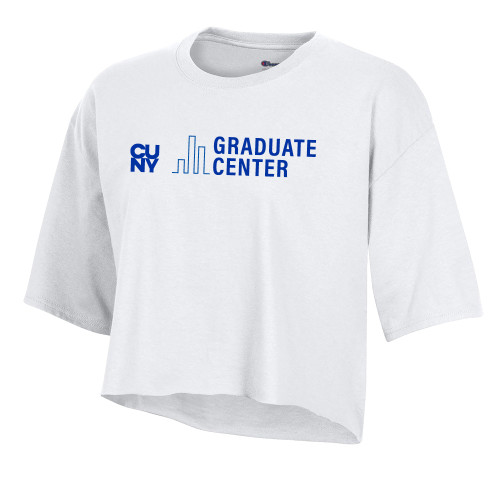 Champion Womens White Crop Tee-Graduate Center Wordmark
