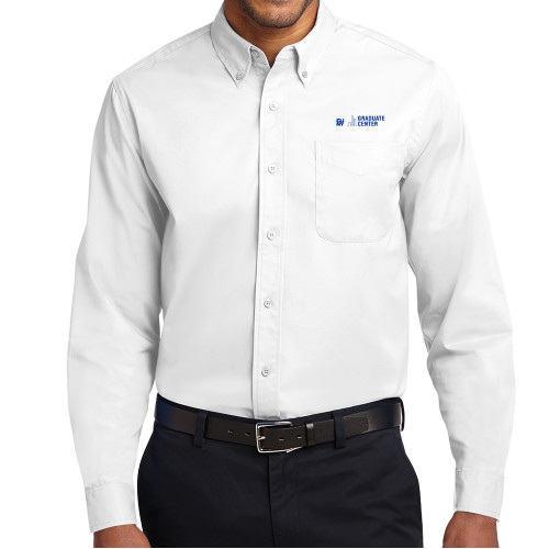 White Twill Button Down Long Sleeve-Graduate Center Wordmark