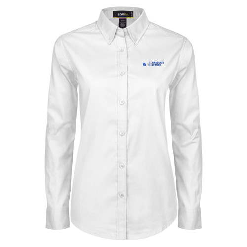 Womens White Twill Button Down Long Sleeve-Graduate Center Wordmark
