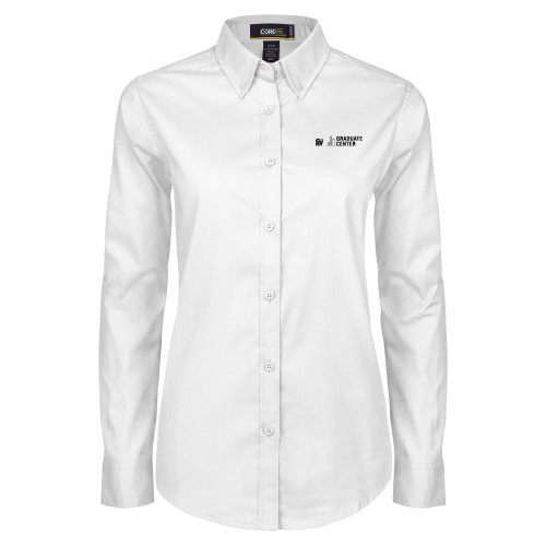 Womens White Twill Button Down Long Sleeve-Graduate Center Wordmark