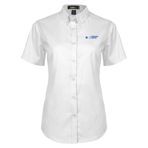 Womens White Twill Button Up Short Sleeve-Graduate Center Wordmark