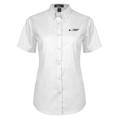 Womens White Twill Button Up Short Sleeve-Graduate Center Wordmark