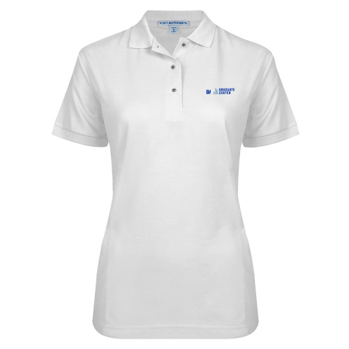 Womens Silk Touch White Pique Polo-Graduate Center Wordmark