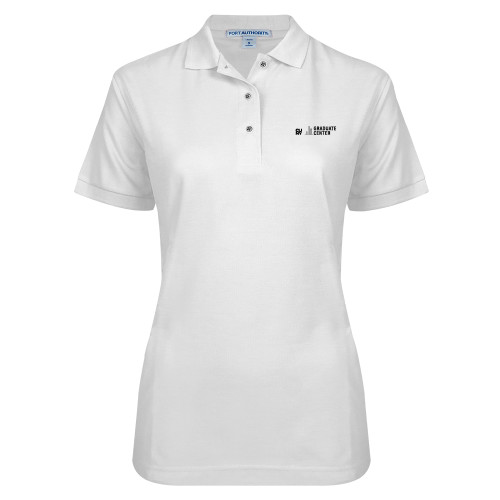 Womens Silk Touch White Pique Polo-Graduate Center Wordmark