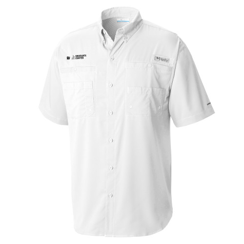 Columbia White Tamiami Performance Short Sleeve Shirt-Graduate Center Wordmark