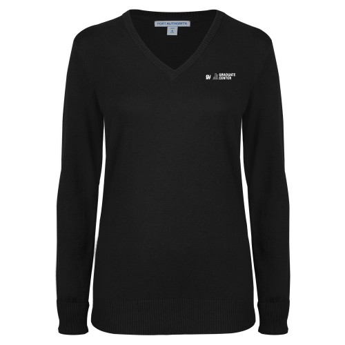 Womens Black VNeck Sweater-Graduate Center Wordmark