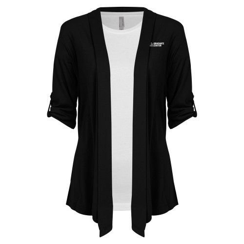 Womens Black Drape Front Cardigan Sweater-Graduate Center Wordmark