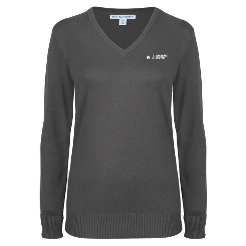 Womens Charcoal Heather VNeck Sweater-Graduate Center Wordmark