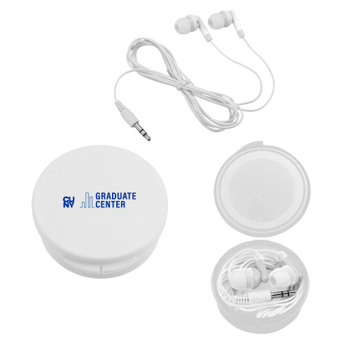 Ear Buds in White Case-Graduate Center Wordmark