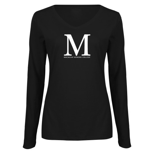 Womens Black Long Sleeve V Neck Tee -Lettered Macaulay Honors