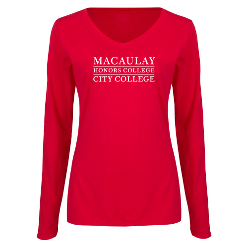 College Womens Red Long Sleeve V Neck Tee-Macaulay Honors College - City College