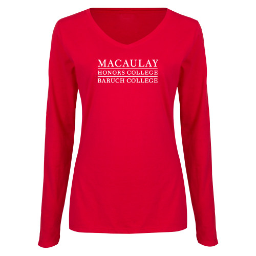 College Womens Red Long Sleeve V Neck Tee-Macaulay Honors College - Baruch College