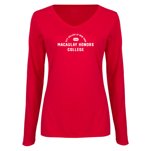 College Womens Red Long Sleeve V Neck Tee-CUNY Macaulay Honors College - City College