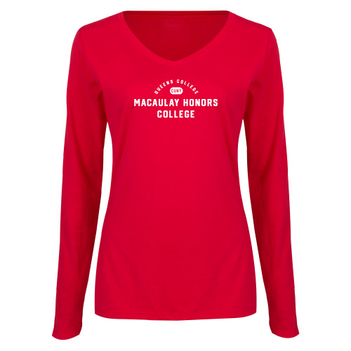 College Womens Red Long Sleeve V Neck Tee-CUNY Macaulay Honors College - Queens College