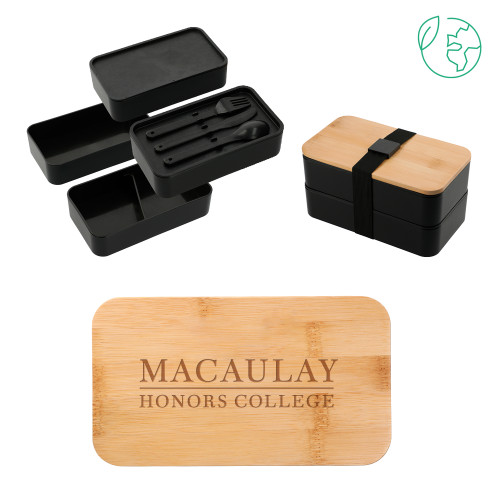 College Stackable Bamboo Fiber Black Bento Box-Primary Mark Engraved