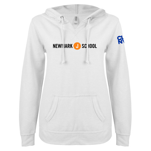 ENZA Womens White V Notch Raw Edge Fleece Hoodie-Short Logo Circle