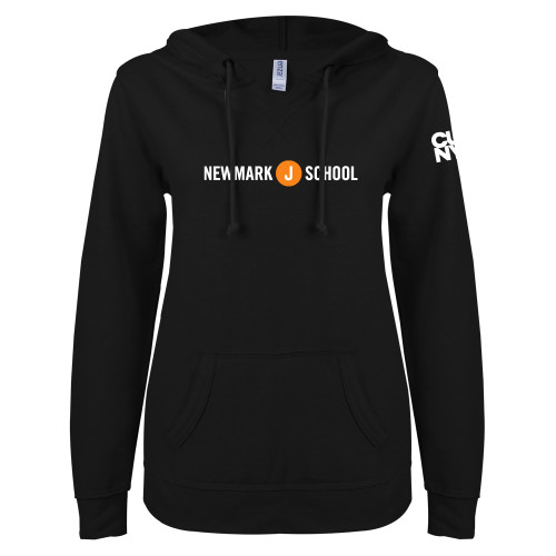 ENZA Womens Black V Notch Raw Edge Fleece Hoodie-Short Logo Circle