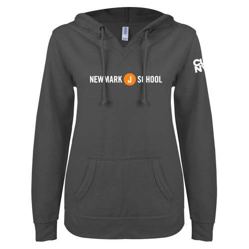 ENZA Womens Dark Heather V Notch Raw Edge Fleece Hoodie-Short Logo Circle