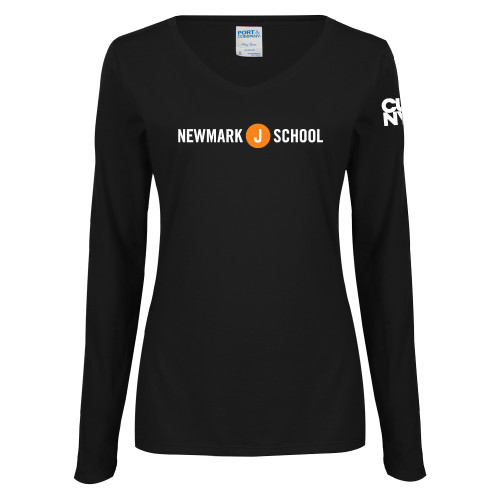 Womens Black Long Sleeve V Neck Tee -Short Logo Circle