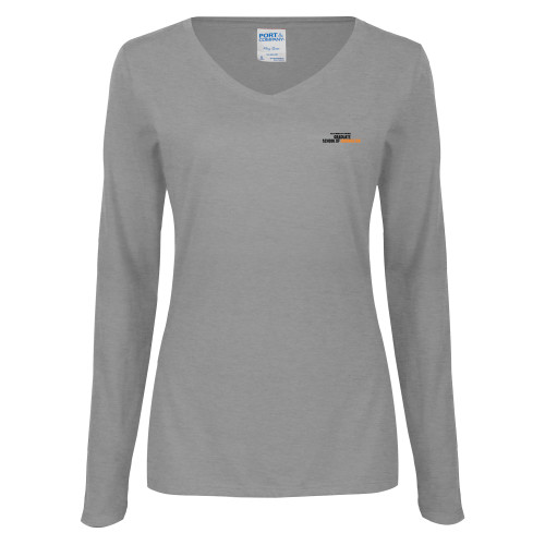 Womens Grey Long Sleeve V Neck Tee -Primary Logo