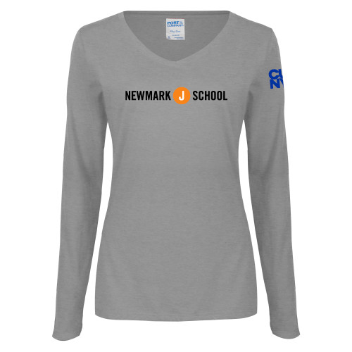 Womens Grey Long Sleeve V Neck Tee -Short Logo Circle