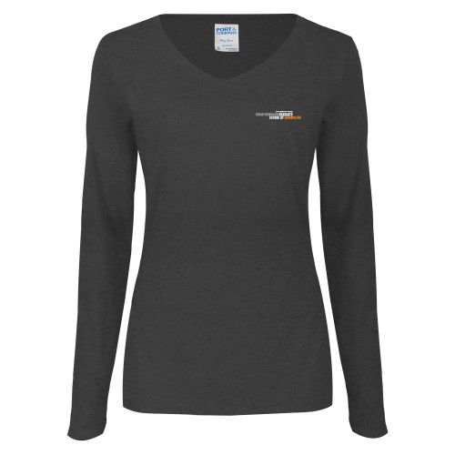 Womens Dark Heather Long Sleeve V Neck Tee -Primary Logo