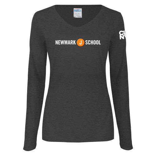 Womens Dark Heather Long Sleeve V Neck Tee -Short Logo Circle