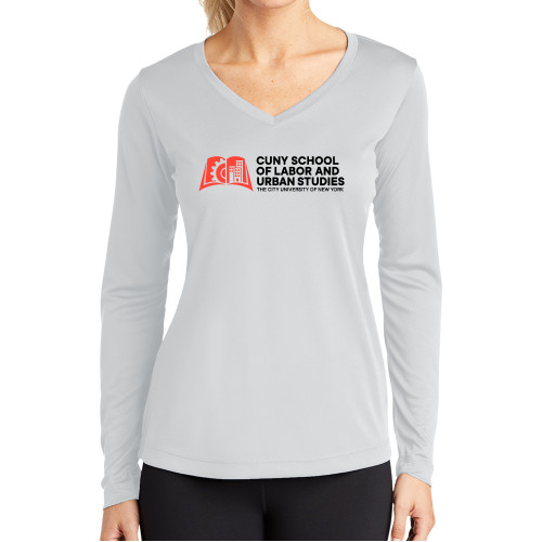 Womens White Performance Long Sleeve V Neck Shirt-SLU CUNY Stacked