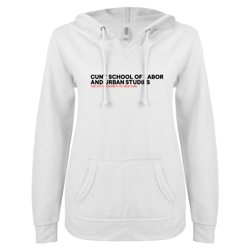 ENZA Womens White V Notch Raw Edge Fleece Hoodie-SLU Logotype