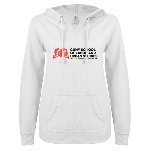 ENZA Womens White V Notch Raw Edge Fleece Hoodie-SLU CUNY Stacked