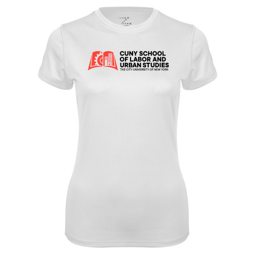 Womens White Performance Tee-SLU CUNY Stacked