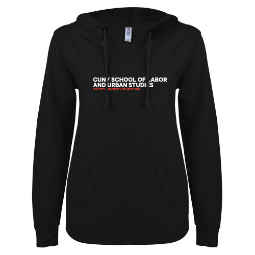 ENZA Womens Black V Notch Raw Edge Fleece Hoodie-SLU Logotype