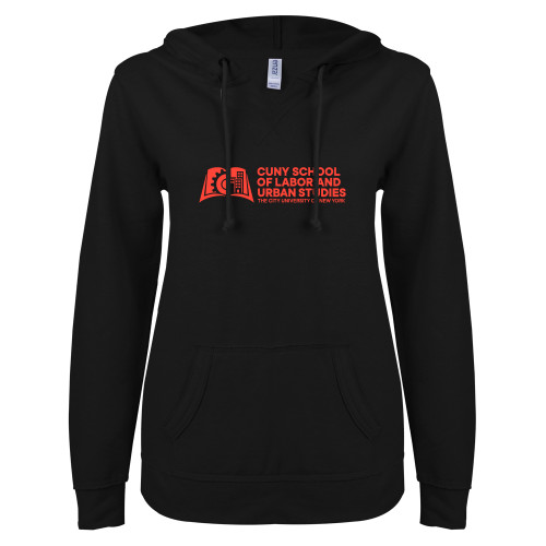 ENZA Womens Black V Notch Raw Edge Fleece Hoodie-SLU CUNY Stacked
