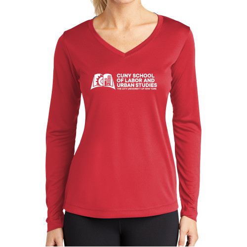 Womens Red Performance Long Sleeve V Neck Shirt-SLU CUNY Stacked