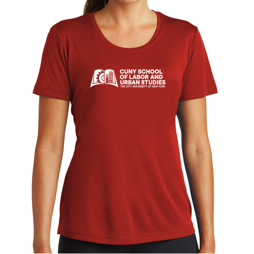 Womens Red Performance Tee-SLU CUNY Stacked