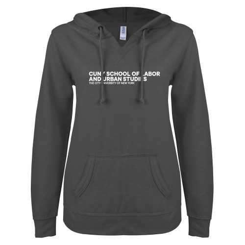 ENZA Womens Dark Heather V Notch Raw Edge Fleece Hoodie-SLU Logotype