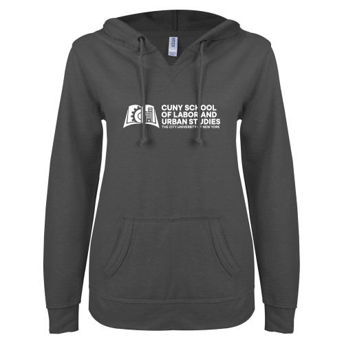 ENZA Womens Dark Heather V Notch Raw Edge Fleece Hoodie-SLU CUNY Stacked