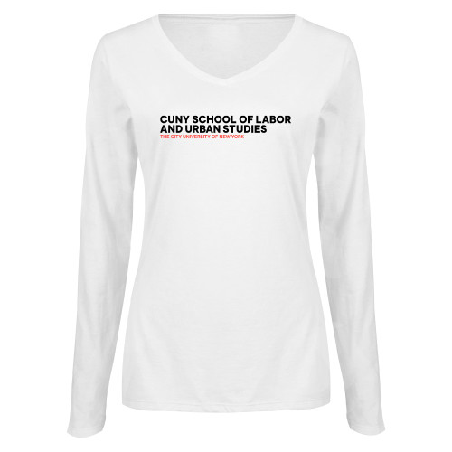 Womens White Long Sleeve V Neck Tee-SLU Logotype