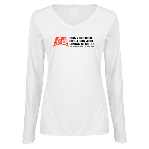 Womens White Long Sleeve V Neck Tee-SLU CUNY Stacked