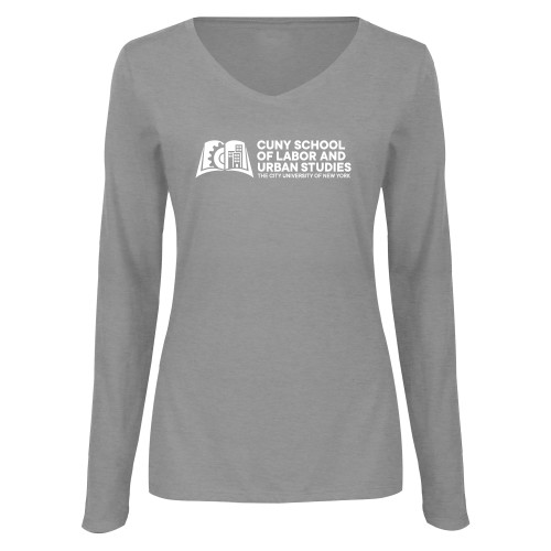 Womens Grey Long Sleeve V Neck Tee -SLU CUNY Stacked