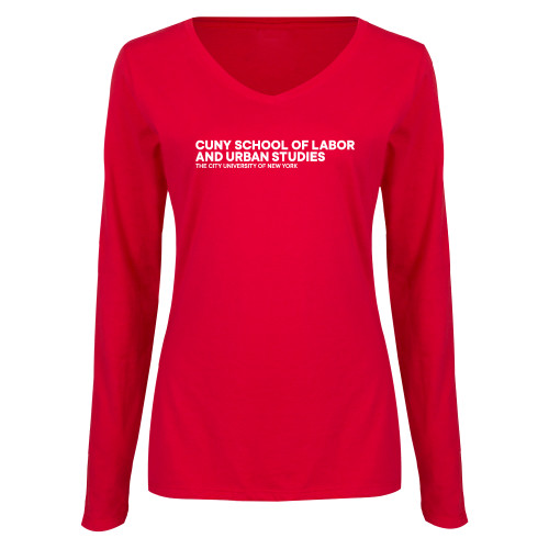 Womens Red Long Sleeve V Neck Tee-SLU Logotype