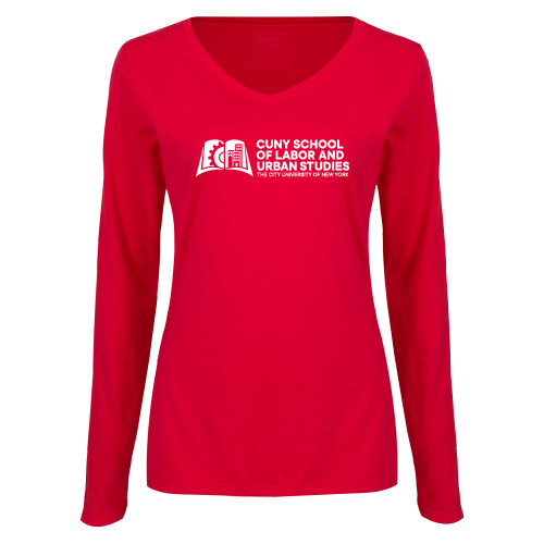 Womens Red Long Sleeve V Neck Tee-SLU CUNY Stacked