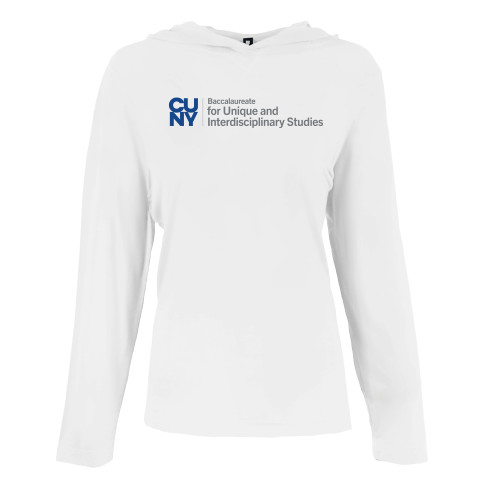 Womens White Long Sleeve Hooded Tee-CUNY Baccalaureate Primary Mark