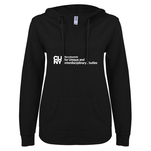 ENZA Womens Black V Notch Raw Edge Fleece Hoodie-CUNY Baccalaureate Primary Mark