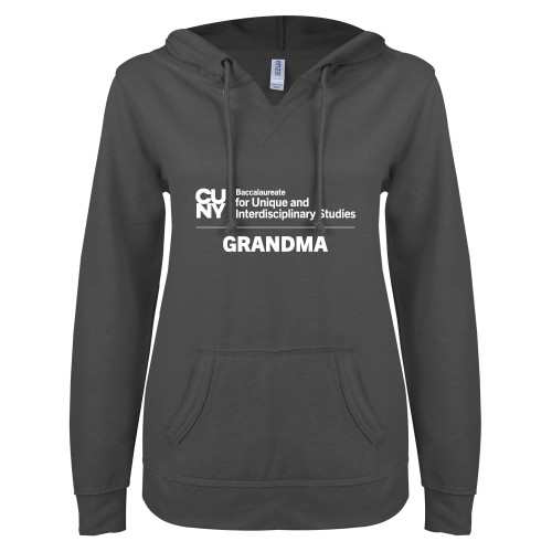 ENZA Womens Dark Heather V Notch Raw Edge Fleece Hoodie-CUNY BA - Grandma